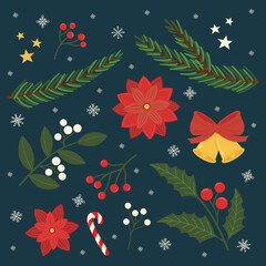 Fototapeta premium Set of Christmas elements: branches with berries, snowflakes, holly, poinsettia flower, lollipop on a stick, bells and Christmas tree branches. Flat style Christmas illustration on dark background.