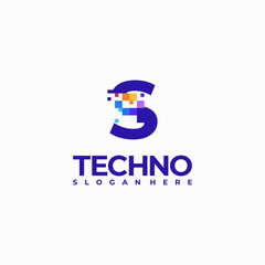 S Pixel Letter Logo Design Template, Pixel Technology logo symbol concept