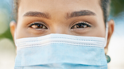 Covid, face mask and black woman eyes or portrait for healthcare safety, compliance and wellness...