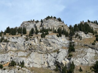 Steep stone cliffs and vertical rocks above the reservoir lake Panixersee (Lag da Pigniu) or...