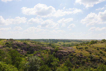 Fototapeta na wymiar View of Arbuzynsky canyon is a canyon near the Trykraty village, on the Arbuzynka river in the Voznesenskyi region of Mykolaiv Oblast of Ukraine