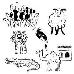 Set drawing illustration animal black and white art