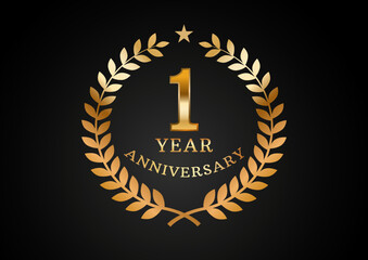 Vector graphic of Anniversary celebration background. 1 year golden anniversary logo with laurel wreath on black background. Good design for wedding party event, birthday, invitation, brochure, etc