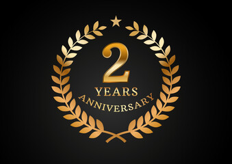 Vector graphic of Anniversary celebration background. 2 years golden anniversary logo with laurel wreath on black background. Good design for wedding party event, birthday, invitation, brochure, etc