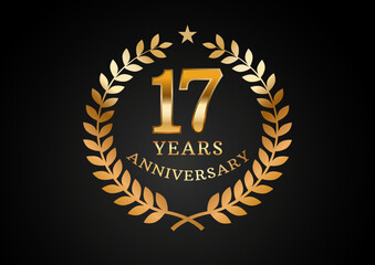 Vector graphic of Anniversary celebration background. 17 years golden anniversary logo with laurel wreath on black background. Good design for wedding party event, birthday, invitation, brochure, etc