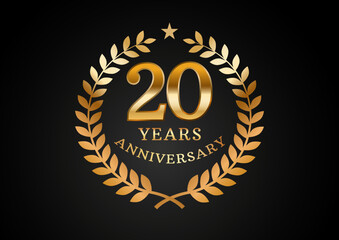 Vector graphic of Anniversary celebration background. 20 years golden anniversary logo with laurel wreath on black background. Good design for wedding party event, birthday, invitation, brochure, etc