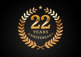 Vector graphic of Anniversary celebration background. 22 years golden anniversary logo with laurel wreath on black background. Good design for wedding party event, birthday, invitation, brochure, etc