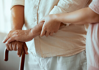 Support, disability and caregiver with senior patient helping him walk in retirement hands zoom and...