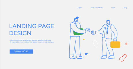 Businessmen handshake, Business solution and agreement, Profitable partnership, business partners cowork, Coworkers cartoon characters, effective collaboration, coworkers cooperation, teamwork