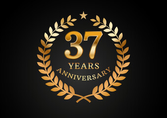 Vector graphic of Anniversary celebration background. 37 years golden anniversary logo with laurel wreath on black background. Good design for wedding party event, birthday, invitation, brochure, etc