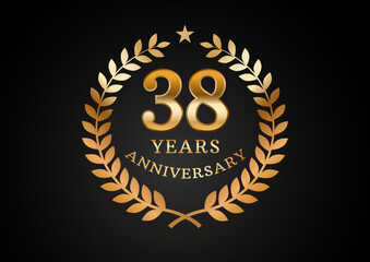 Vector graphic of Anniversary celebration background. 38 years golden anniversary logo with laurel wreath on black background. Good design for wedding party event, birthday, invitation, brochure, etc