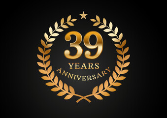 Vector graphic of Anniversary celebration background. 39 years golden anniversary logo with laurel wreath on black background. Good design for wedding party event, birthday, invitation, brochure, etc