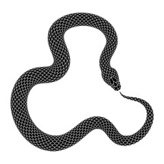 Vector tattoo design of snake bites its tail in the form of a delta sign. Isolated black silhouette of triangular ouroboros symbol.