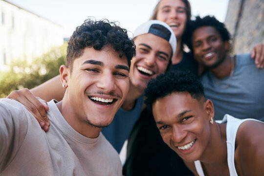 Fitness, selfie and group friends with smile for workout community, wellness and motivation outdoor. Happy, young and diversity sports people or men in training portrait photography for social media