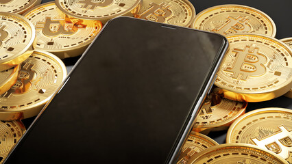 Phone mobile black screen on Bitcoin Crypto currency Gold Bitcoin BTC Bit Coin close up of Bitcoin coins on black background. 3d rendering