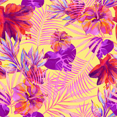 Fototapeta na wymiar Summer floral tropical print. Watercolor hibiscus flowers, exotic leaves and palm branches on yellow background. Seamless pattern