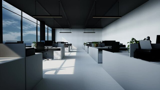 Corner Of Modern Industrial Style Open Space Office, Concrete Floor, Rows Of Computer Tables And Panoramic Windows
