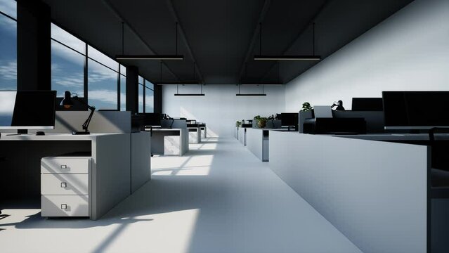 Corner Of Modern Industrial Style Open Space Office, Concrete Floor, Rows Of Computer Tables And Panoramic Windows
