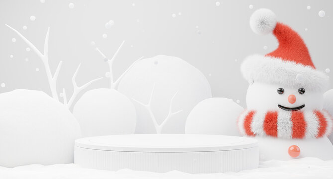3d render of christmas podium with snow man for product display.