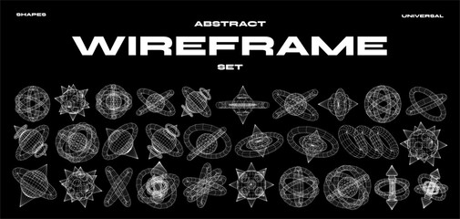 Abstract geometric elements for design. Futuristic 3D wireframe shapes, low poly spheres with cones, tori and hexagons. Vector blanks for posters, business cards, banners, stickers