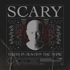 Retro futuristic poster with "Scary" text and human head. Techno style print, for streetwear, print for t-shirts and sweatshirts on a black background