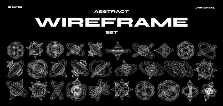 Abstract geometric elements for design. Futuristic 3D wireframe shapes, low poly spheres with cones, tori and hexagons. Vector blanks for posters, business cards, banners, stickers