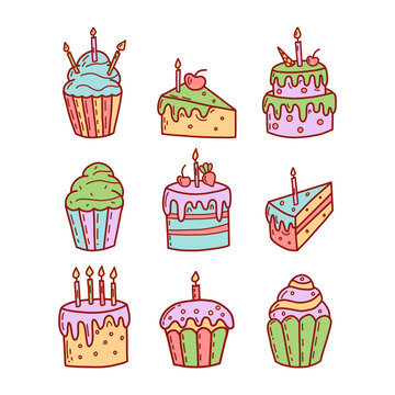 Set of cute cupcakes, cakes and muffins. Flat vector illustration