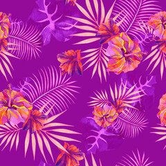 Fototapeta na wymiar Purple jungle watercolor seamless tropical pattern