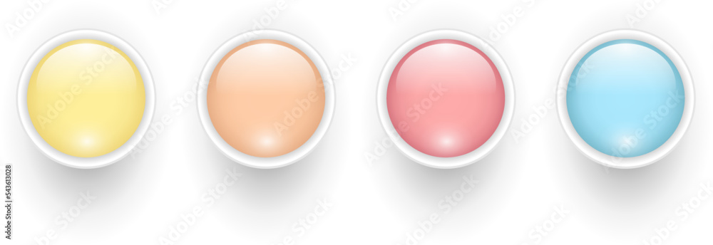 Poster 3d shiny multicolored buttons collection, glossy circle icons, vector illustration set.