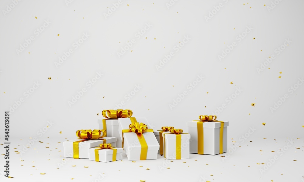 Poster 3d abstract gift box with gold confetti on white background. 3d rendering abstract background