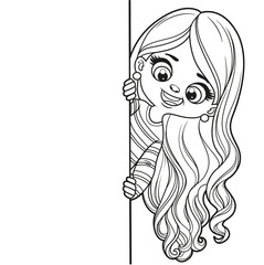 Cute cartoon long haired girl peeking out from behind a big white poster outlined for coloring page on a white background