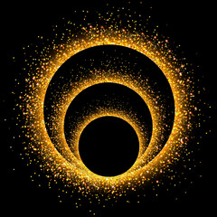 Background with gold glitter circles on black, glowing golden sparkling dust