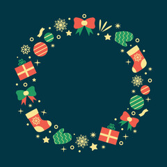 Christmas wreath. Winter holiday elements set. Vector illustration of Xmas objects: gift box, sock, snowflake, mittens, bow. New Year's composition.