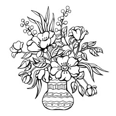 Bouquet of flowers and leaves in a richly ornamented vase isolated on a white background. Hand drawn line leaves, branches and blooming. Elegant wildflowers for invitation save the date card. Vector