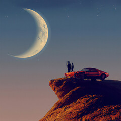 a man enjoying moon night on top of a mountain 