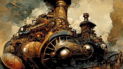 Steam Locomotive with Steampunk, Giant steam train on Blurred background - obrazy, fototapety, plakaty