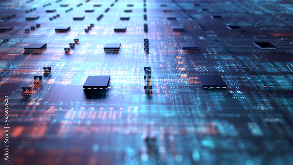 Fototapete Technology background of the abstract computer motherboard, can be used in the description of technological processes, science, education. Can be used as digital dynamic wallpaper. 3d rendering