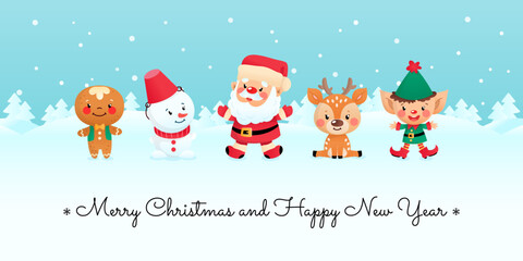 Merry Christmas card and Happy New Year card. Winter holiday illustration of a gingerbread man, a snowman, a Santa Claus, a little deer and an elf on a background of a winter landscape.