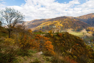 Ancient Christian temple in the mountains of Caucasus. Byzantine style. First half of the 10th century. Sentinsky temple, Karachay-Cherkessia, Russia
