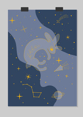 Esoteric poster for the year of the hare. New year poster for calendar cover with starry sky. 2023 new year