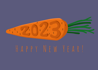 Happy New Year 2023. New Year's carrot with year numbers. Creative card design with bunny's favorite treat carrot and 2023 written on it. Vector illustration for congratulations. New year banner