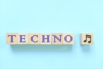 Techno music genre or style concept. Creative flat lay typography composition in blue background.