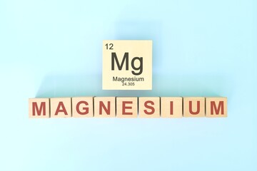Magnesium chemical element symbol with atomic mass and atomic number in wooden blocks flat lay...