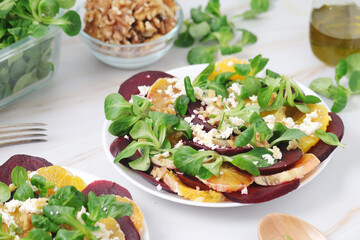Beetroot and oranges fresh vegetarian salad	