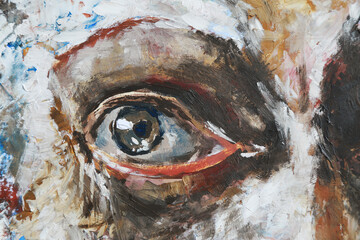 Close-up portrait of an old man. Cross-eyed scared grandfather. Modern oil painting