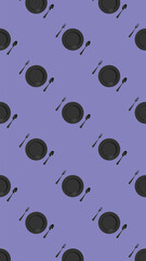 seamless pattern. kitchen utensils on a pastel blue purple background. fork, spoon, plate. Template for surface application. Flat lay. Vertical image. 3D image. 3D rendering.