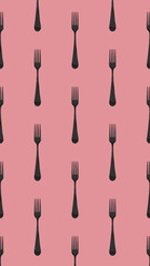pattern. Fork top view on pastel purple red background. Template for applying to surface. Vertical image. Flat lay. 3D image. 3D rendering.