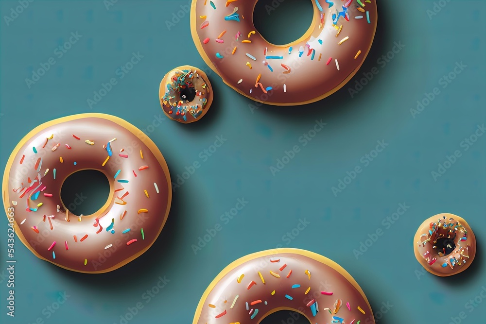 Poster a group of doughnuts with sprinkles on a blue surface, there are three different kinds of doughnuts 