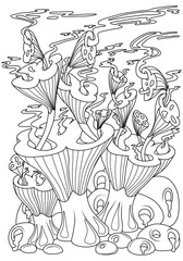 Fairy mushrooms that grow one from the other. Vector illustration of children's coloring book