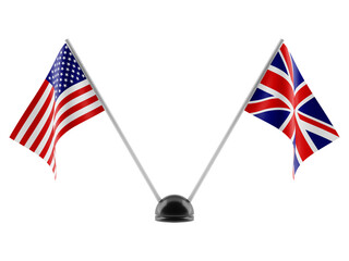 Stand with two national flags. USA and Great Britain flags. Isolated on a transparent background. 3d render
